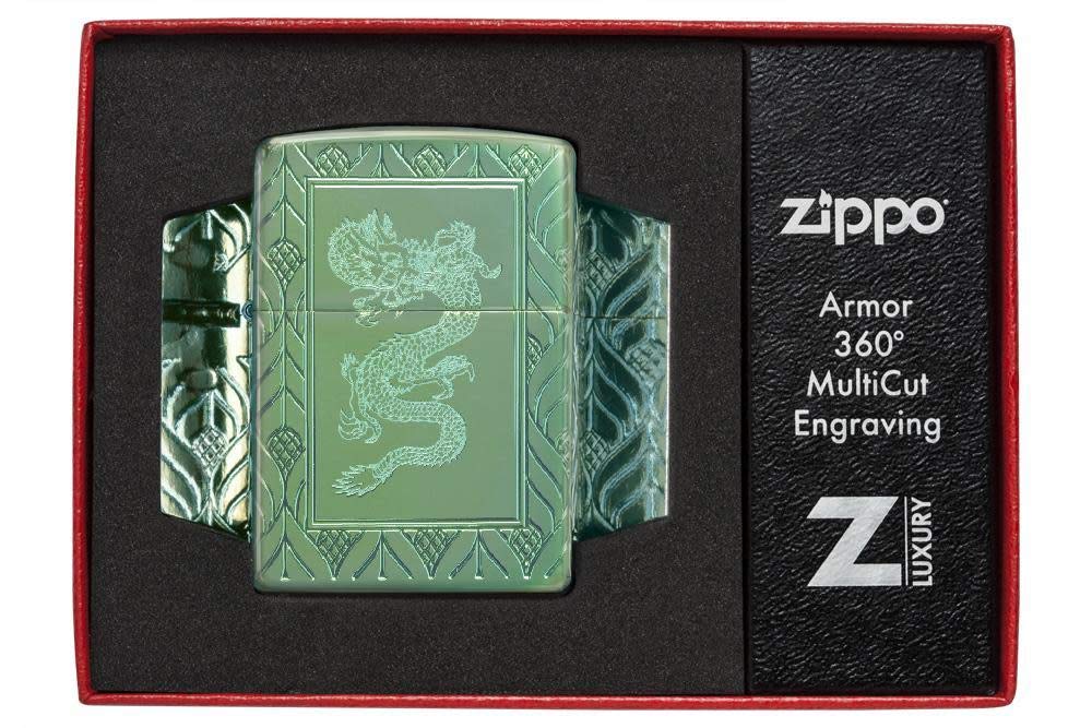 Zippo Armor High Polish Green Elegant Dragon Pocket Lighter, One Size