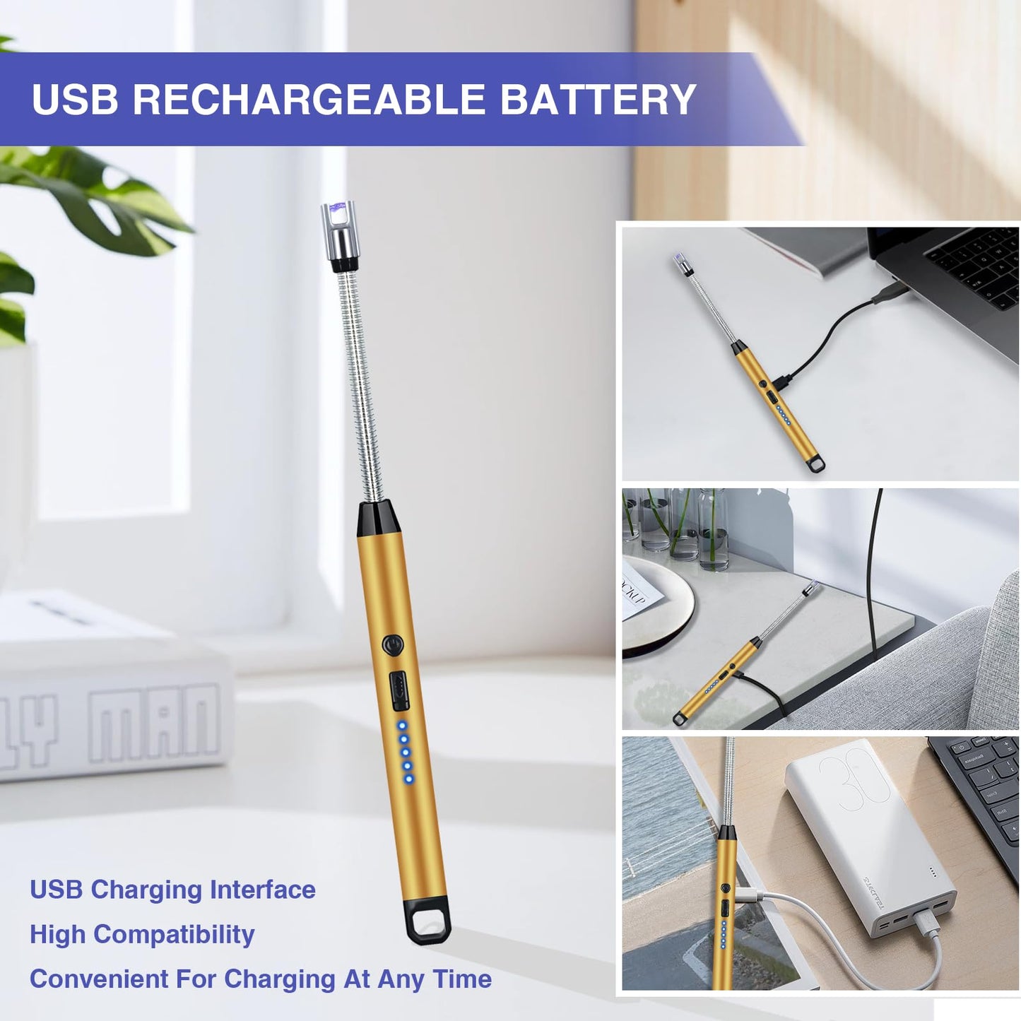 2 PCS Candle Lighter, Electric Lighter Arc Windproof Flameless with 360° Flexible Neck & LED Power Display, Lighters for Candle for BBQ, Grill, Camping, Fireplace, Stove