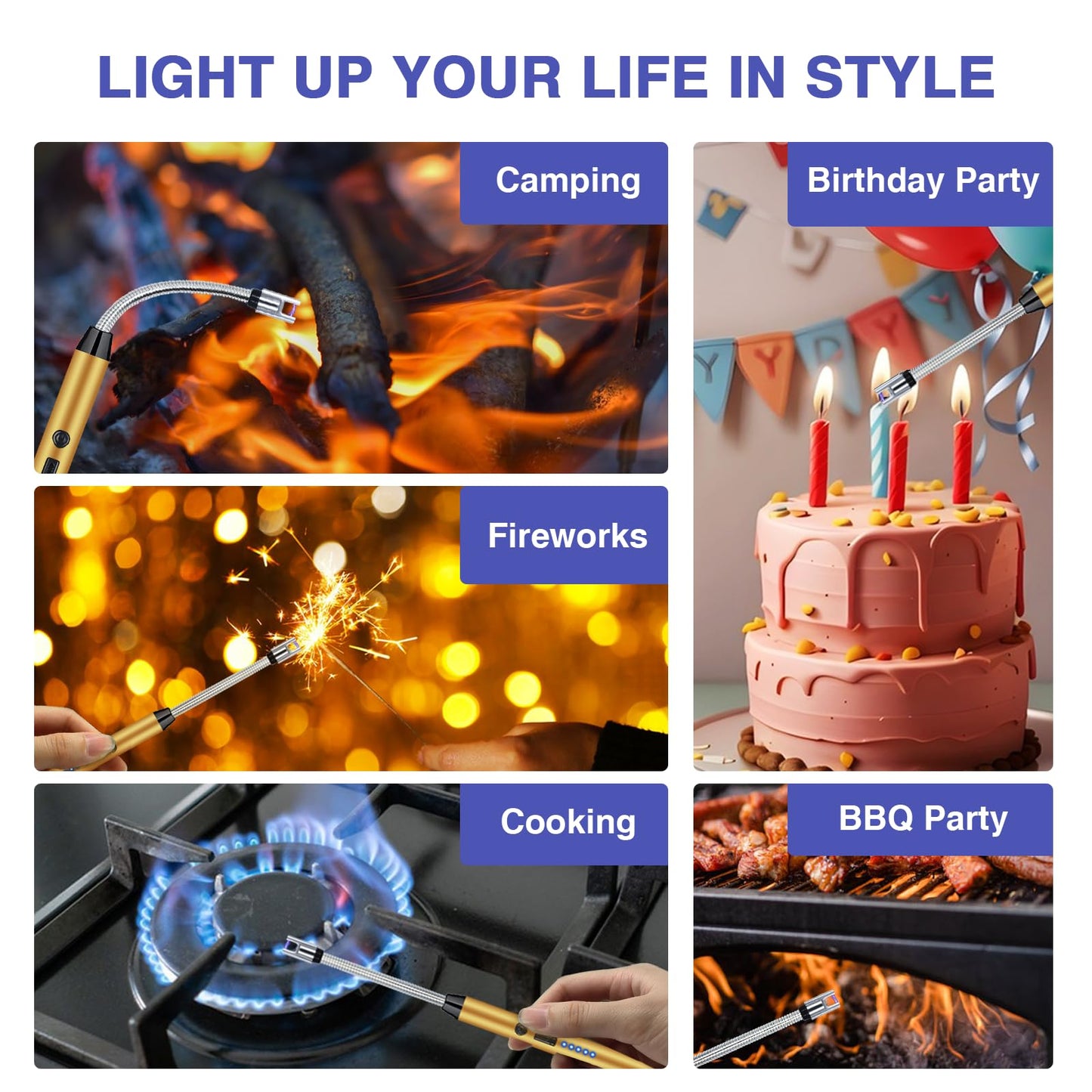 2 PCS Candle Lighter, Electric Lighter Arc Windproof Flameless with 360° Flexible Neck & LED Power Display, Lighters for Candle for BBQ, Grill, Camping, Fireplace, Stove