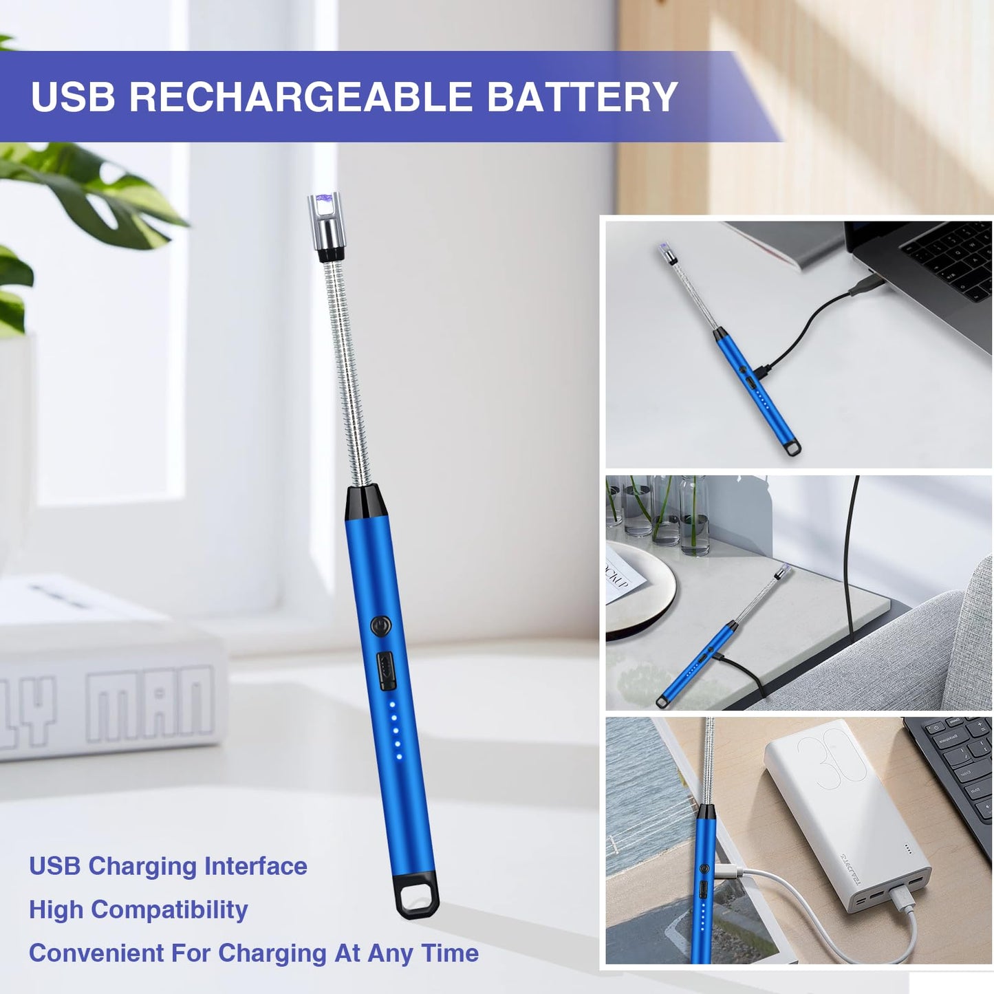 2 PCS Candle Lighter, Electric Lighter Arc Windproof Flameless with 360° Flexible Neck & LED Power Display, Lighters for Candle for BBQ, Grill, Camping, Fireplace, Stove
