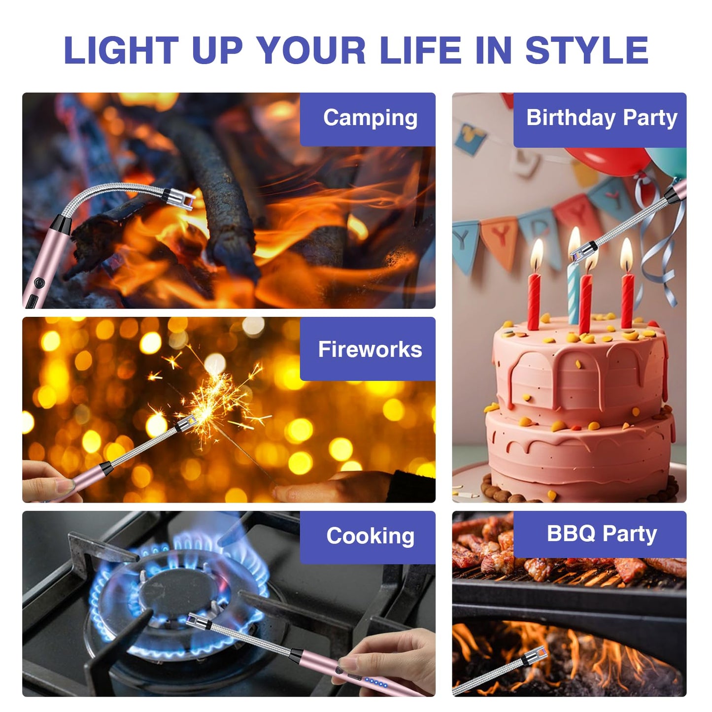 2 PCS Candle Lighter, Electric Lighter Arc Windproof Flameless with 360° Flexible Neck & LED Power Display, Lighters for Candle for BBQ, Grill, Camping, Fireplace, Stove