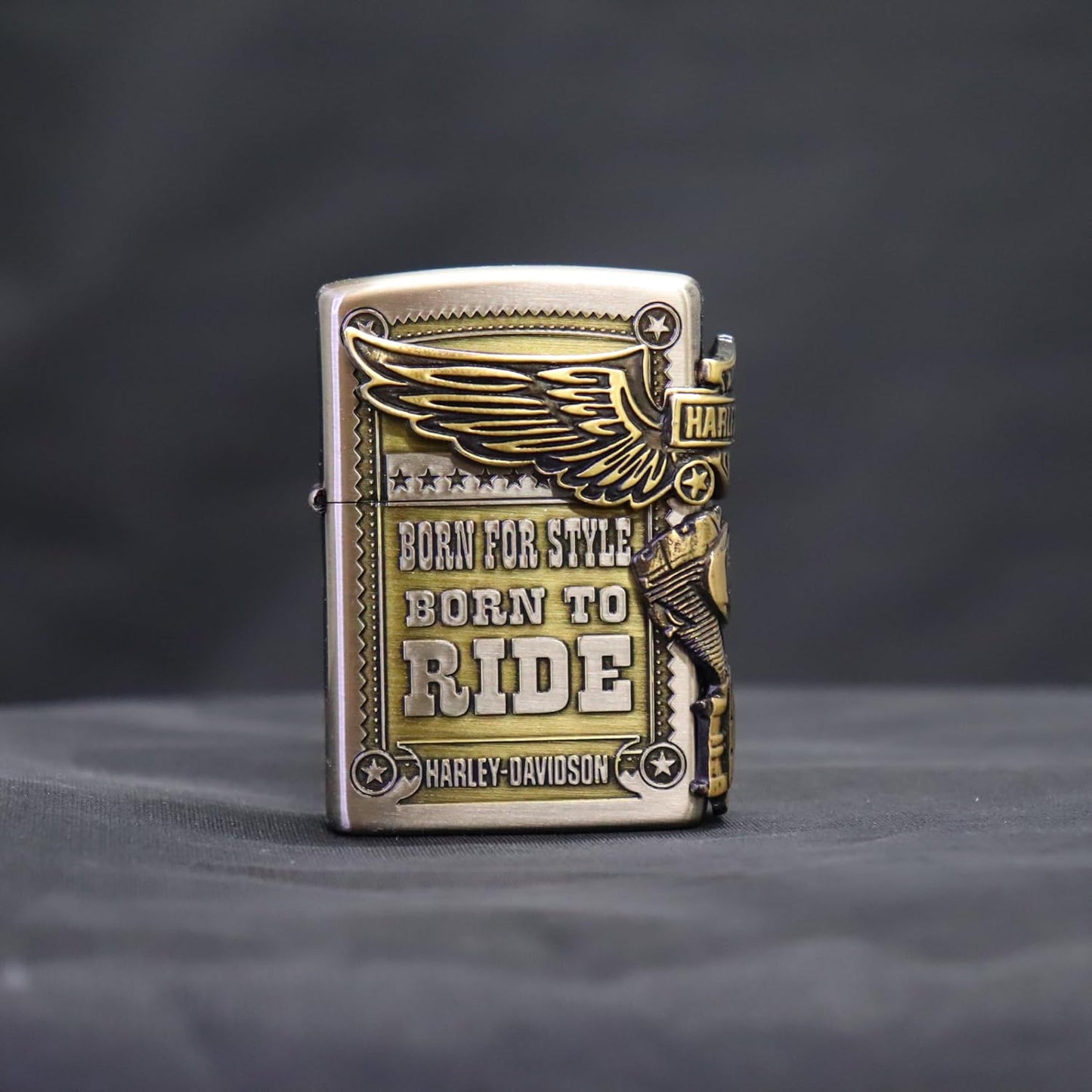 Zippo HDP-27 Harley Davidson Japanese Limited 3 Sided Continuous Processing, Old Finish Nickel x Brass Golden
