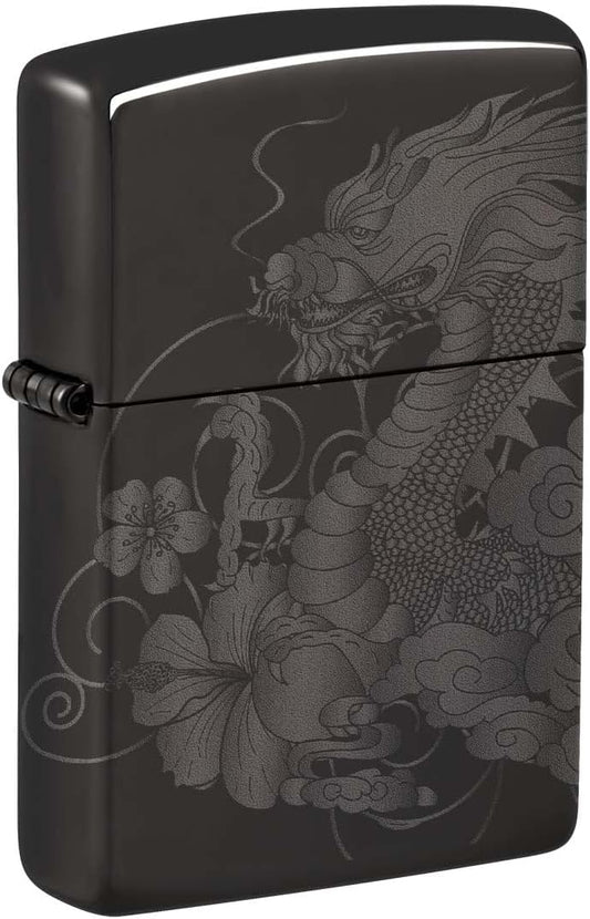 Zippo Lighter: Dragon with Flowers, Photo Image 360 - High Polish Black 81266