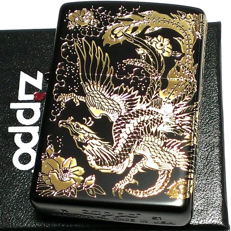 Zippo Lighter, Two Sided Phoenix Black Gold Jug, Double Sided Continuous Processing