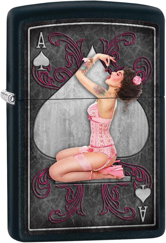Zippo Lighter: Sexy Pin-Up Girl, Ace of Spades - Black Matte 79557