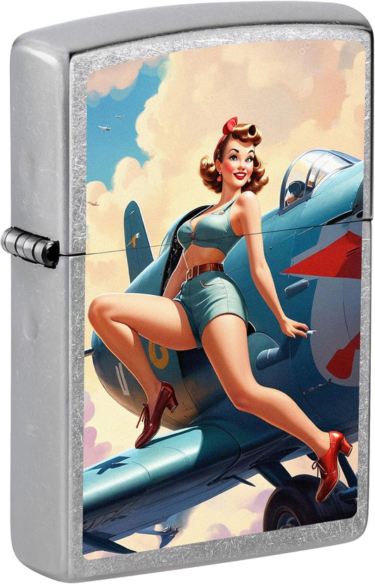Zippo Lighter: Vintage Pin-up Girl on Airplane - Street Chrome 81677